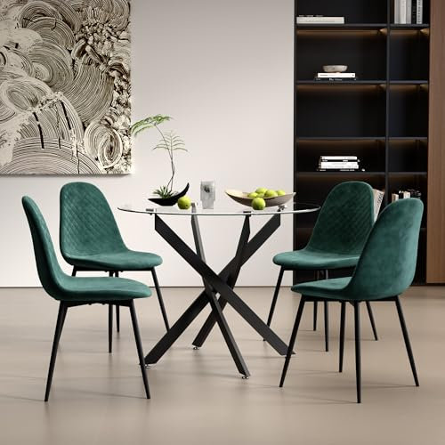AOYA Esstisch mit 4 Stühle, Retro-Design Runder Glas Küchentisch, Küchenstühlen Tisch Stuhl Set für Wohn- und Esszimmer Geeignet für 4 Personen Schwarz 80 cm (4, Grün)