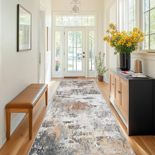 Chicnix Teppich Flur Küche 80x300, Teppich Läufer Waschbar Kurzflor rutschfest für Schmalen Gang, Moderner Abstraktem Malerei Teppiche für Eingangsbereich Schlafzimmer Dekor, Grau Rost Beige