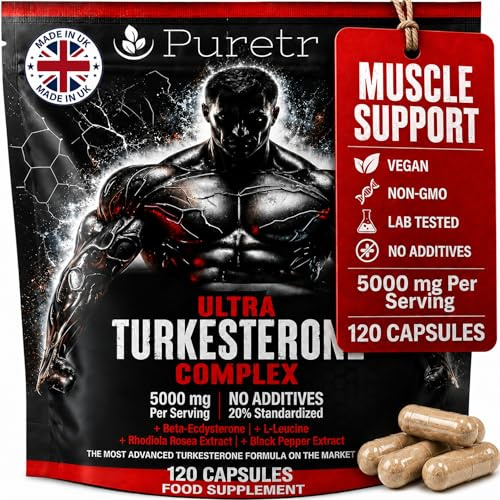 Turkesterone Ultra Complex 5000mg Vegan Capsules, 120 Capsules | Ajuga Turkestanica 20 Percent with Beta Ecdysterone L Leucine Rhodiola and BioPerine Made in UK Vegan