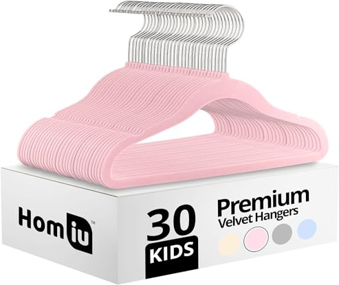 Homiu Non-Slip Kids Velvet Hangers | Ultra-Slim Space Saving Baby Velvet Coat Hangers | 360 Degree Rotatory Hook, Sturdy Baby Clothes Hanger | 30 Pack (Pink, 30 Pack)