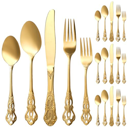 20 Pcs Stainless Steel Gold Cutlery Set for 4, Vintage Embossed Flatware Set with Hollowed-Out Handle, Stainless Steel Royal Cutlery Set, Matte Gold Tableware for Wedding Party, Dishwasher Safe