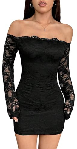 SweatyRocks Damen Spitzenkleid Elegant Off Shoulder Minikleid Langarm Kleid Bodycon Partykleid mit Spitze Figurbetontes Kleid Festival Outfit Schwarz M