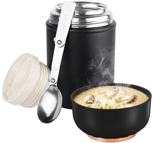 ICEBLUEOR 500ml Food Flask for Hot Food, Portable Soup Flask with Handles, Stainless Steel Vacuum Food Jar with Folding Spoon, Leakproof Hot Food Containers for Kids School Office Picnic(Black)