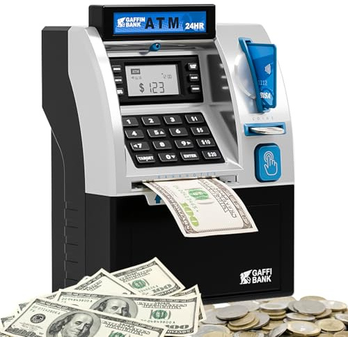 Roadtime ATM Spardose, Mini Geldautomaten Sparschwein,Geldbank Spardose | für Münzen und Scheine,Wiederverwendbare Tresor,Kleingeld Aufbewahrung mit Debitkarte,Intelligentes Passwort Bank Saving Box