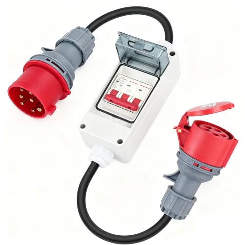 CEE Adapter 32A auf 16A, IP44 CEE Stromadapter Stecker mit Schutzschalter | 32A 400V Stecker auf 16A 400V Kupplung Starkstrom, CEE Verlängerungskabel Starkstrom Adapter und Steckdose (32A auf 16A)
