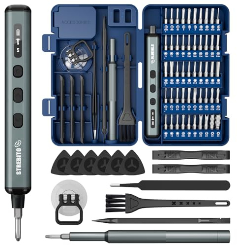 STREBITO Mini elektro schraubendreher mit 4 LED,Mini Reparatur werkzeug set | 50 magnetische S2-Bits, 5 Drehmomentstufen, 4 LED-Leuchten, Mini Werkzeugkit für PC, Handy, Laptop, Kamera und Elektronik