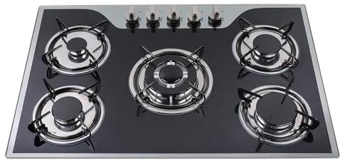 Piano cottura a gas a 5 fuochi, 77 x 51 cm, vetro rivestito nero/argento, regolazione fine a 180°, 63% TH 2000Pa, piano di lavoro da incasso, impulso elettrico, 11,2 kg, con supporto per pentole