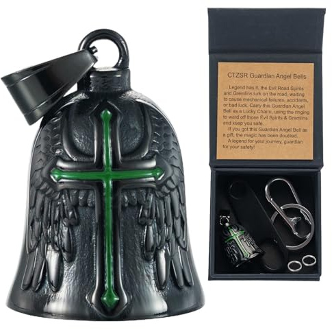 CTZSR Motorcycle Bell Guardian Angel - Good Luck Charm Gift For Rider Men Kids Friends With Gift Box, Legend Card, Keychain And Hanger & Weather-resistant Gremlin Bells For Bike Car (Black & Green)