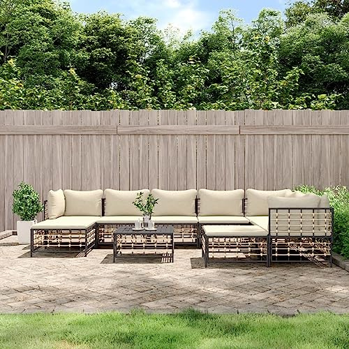 WEMYUFURN Garten Lounge Set aus wetterfestem Poly Rattan mit Stahlrahmen und gepolsterten Kissen für Terrasse, Außenbereich | Modulares Design, stabile Tischplatte | Wetterbeständige