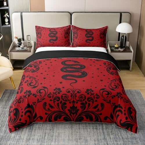 Erosebridal Gothic Snake 100% Cotton Bedding Set Twin | Black and Red Gothic Style Duvet Cover Bohemian Damask Floral Animal Comforter Cover Goth Western Boho Hippie Bed Set 2 Pcs