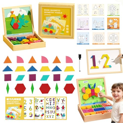 Wooden Magnetic Pattern Block Puzzle Set, Magnetisches Musterblock-Puzzle, Montessori Tangram Puzzles mit Karten, STEM Tangram Holzpuzzle für Kinder Jungen Mädchen Weihnachten Geburtstag (225pcs)