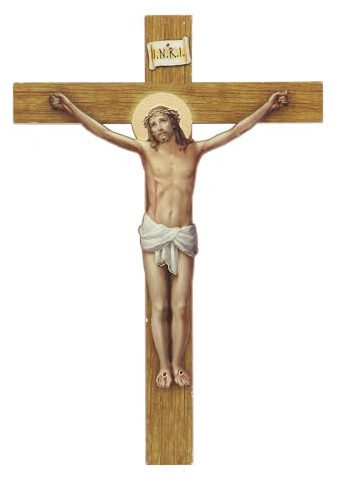 SHALOM - Crucifijo de polímero efecto madera, Cristo en relieve. Altura 21 cm