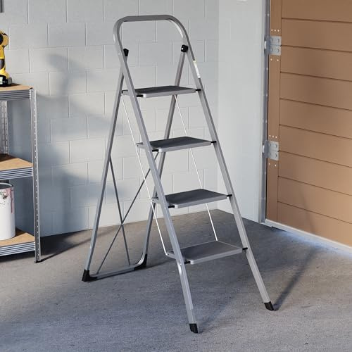 Home Vida Escalera de 4 peldaños – Escalera plegable de acero resistente con peldaños antideslizantes y anchos, mecanismo plegable, carga máxima de 150 kg, hogar, cocina, bricolaje, jardín, color gris