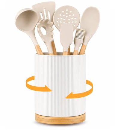 SUNNYNEST 360° Rotating Utensil Holder,Large Ceramic Rotating Utensil Jar