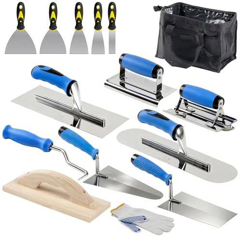 15PCS Concrete Trowel Set - Masonry Hand Tool Set Kit Including Flat Finishing and Pool Trowel, Wood Float, Concrete Groover & Edger, Margin Gauging, Wire Twister, Putty Knives, Gloves & Carry Bag