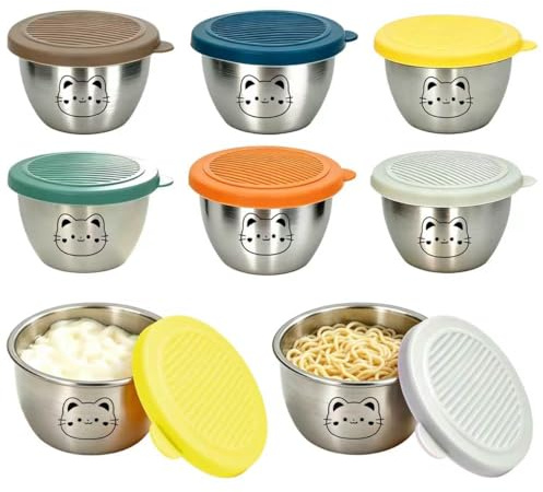 LYSPBAO 6 Stück 80ml Edelstahl Mini Dip, Wiederverwendbar Dressing Behälters Mit Silikondeckel, Snackschale Mit Deckel für Snack Dips Salat Gewürze