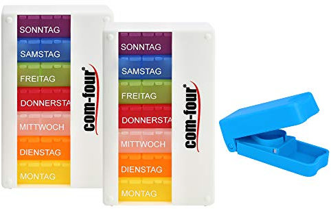 com-four® 2x Medikamentendosierer 7 Tage - BESSER LESBAR - Medikamenten-Box (Morgens, Mittags, Abends) - Pillendose - Tablettendose - Wochendosierer + Tablettenteiler (alpinweiß)