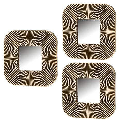 LOLAhome Set de 3 Espejos de Pared Cuadrados con moldura de plástico Dorados| Decoracion Pared, Decoración Espejo Cuadrado para casa, Dormitorio, salón