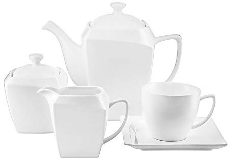 Ambition 94626 Kaffeeservice Monaco 17 TLG. Kaffee Set Porzellan Eckig weiß Tassen Untertasse Kaffeekanne Milchkanne Zuckerdose spülmaschinengeeignet mikrowellengeeignet modern