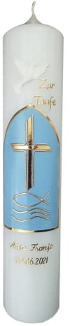 Taufkerze Jungen, Taufkerze Mädchen - Taufkerze Fisch Kreuz Blau Gold, Wachsmotiv, mit Namen und Datum