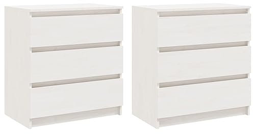vidaXL 2X Massivholz Kiefer Nachttisch mit 3 Schubladen Nachtschrank Nachtkonsole Nachtkommode Schlafzimmer Schrank Kommode Weiß 60x36x64cm
