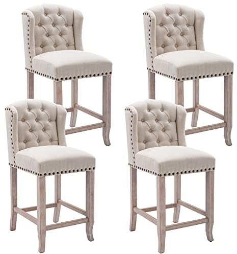 DUOMAY Tufted 26 Inch Counter Height Bar Stools Set of 4, Linen Upholstered Counter Chairs with Back, Armless Barstools Breakfast Stools W/Solid Wood Legs for Kitchen Island Lounge Pub Bar, Beige