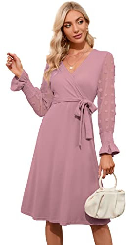 KOJOOIN klänning för kvinnor,Fritidsklänningar，långärmad stickade klänningar dam，knälång elegant festklänning，sexig V-ringning tröja kläder，vinterklänningar,rosa,M