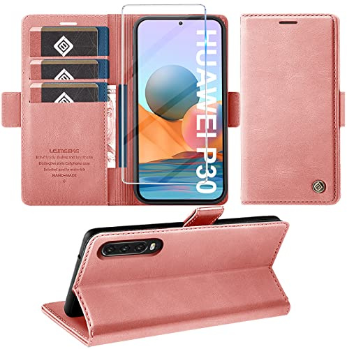 Giyer Handyhülle für Huawei P30 Hülle mit Schutzfolie, Standfunktion Kartenfach Wallet Premium Leder Schutzhülle P30 Flip Case Cover Stoßfeste Klapphülle P30 6.1 Zoll