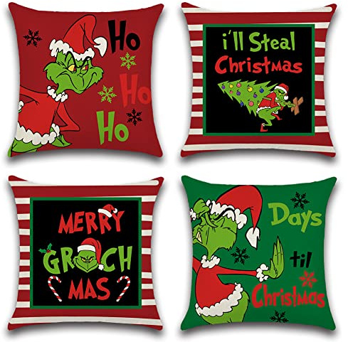 Ohok 4er Set Dekorativ Kissenbezug, Polyester Leinen Zierkissenbezüge Weihnachten Kissenbezüge Dekor Kissenhülle Set für Schlafzimmer Wohnzimmer Sofa Couch Auto (40x40 cm, HO HO HO)