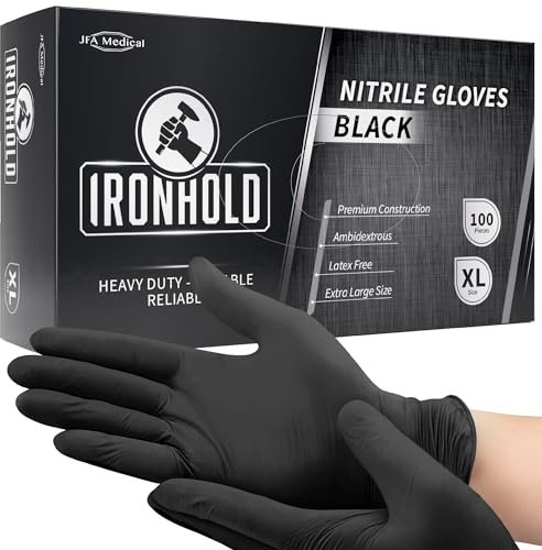 JFA Medical Disposable Mechanic, Tattooist, Tattoo Heavy Duty 5.5G Powder Free Latex Free Black Nitrile Gloves - Box of 100 (XL)