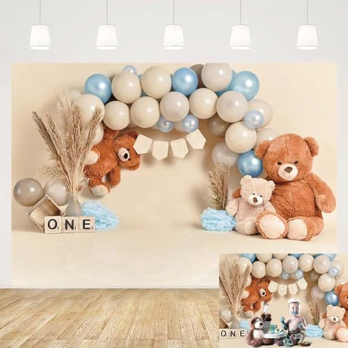 MEHOFOND 2,1 x 1,5 m Bohemia-Themen-Hintergrund Junge 1. Geburtstag Bär Baby Weiß und Blau Luftballons Porträt Fotografie Hintergrund Boho-Stil Kinder Babyparty Neugeborene Studio Requisiten Zubehör