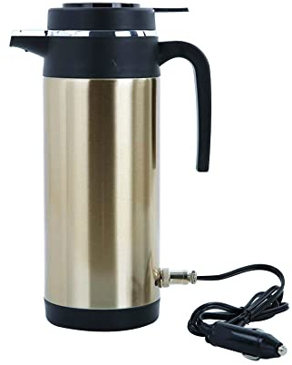 12 V/24 V Reise-Wasserkocher, Riloer, 1200 ml, tragbar, elektrischer Wasserkocher, Reise-Thermoskanne für Auto, LKW, SUV, Edelstahl, hitze- und rostbeständig, Gold