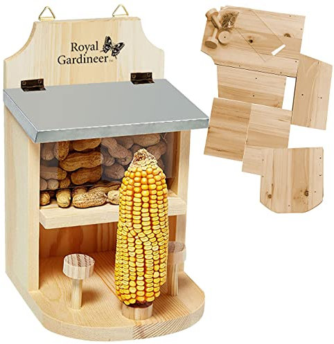 Royal Gardineer Holzbausatz: Eichhörnchen-Futterhaus mit Maiskolbenhalter und Metalldach, Bausatz (Eichhörnchenhaus, Eichhörnchen-Futter-Bausatz, Vogelfutterhaus)