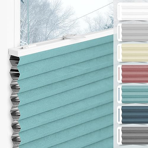 bobodeco Wabenplissee Plissee ohne Bohren Verdunkelung Klemmfix Thermo Verdunklungsplissee, Hellblau-Weiß 65x110 cm(BxH), 100% Verdunkelnd & Sicht- & Schallschutz, Wärmeisolierung für Fenster & Tür
