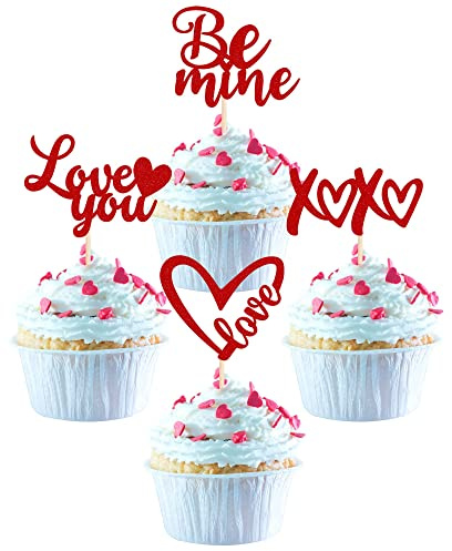 24 Stück Valentine's Day Cupcake Toppers Glitter Be Mine XOXO Love You Muffin Dekoration Valentinstag Thema Hochzeit Brautdusche Geburtstag Party Kuchen Dekorationen Zubehör Rot