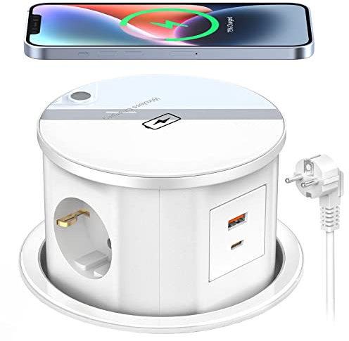 3 Fach Versenkbare Steckdose mit USB C 20W, Ohuo Tischsteckdose mit 15W Kabellosem Ladegerät, Einbausteckdose für Arbeitsplatte mit 2 USB, 2M Kabel - Weiß