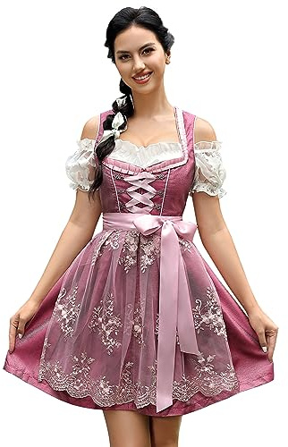 KOJOOIN Femme Robe Dirndl de Bavière Oktoberfest Set Dirndl Blouse et Tablier - Robe Dirndl 3 Pièces Bluse Manches Courtes Bavarois Vêtements Bordeaux B 38
