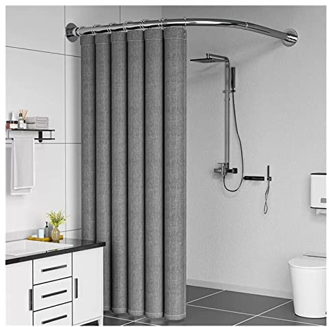 Duschvorhang-Set, verstellbare Eck-Duschvorhangstange, L-förmiger Edelstahl, dehnbar, ohne Bohren, Installation for Eckbadewanne mit grauem Vorhang (Color : Silver, Size : B-75 to 95cm x 90 to 130cm