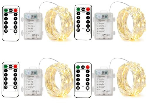 BXROIU 4 x 50er Micro LED Lichterkette Batterie 8 Modi, mit Fernbedienung Timer,auf 5Meter Silberdraht für Party, Garten, Weihnachten, Halloween, Hochzeit und zur dekorativen(Warm weiß)