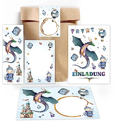 Minkocards 12 Einladungskarten zum Kindergeburtstag Junge Ritter incl. 12 Umschläge, 12 Partytüten/natur, 12 Aufkleber, 12 Lesezeichen, 12 Mini-Notizblöcke