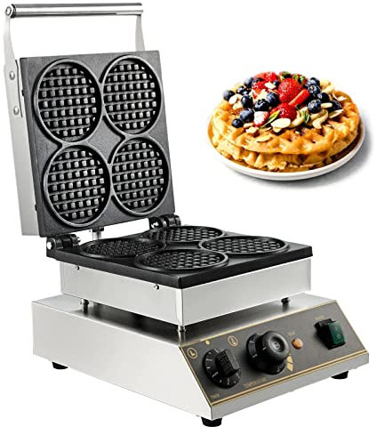 Gaufrier rond électrique, 4 pièces, gaufrier antiadhésif commercial avec contrôle de la température et du temps, gaufrier belge en acier inoxydable