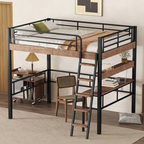 YOPTO Metal Full Size Loft Bed with Built-in Desk,Storage Shelf and Ladder,Full-Length Guardrails and Secured Metal Slats, High LoftBed W/Large Storage Space for Kids Teens Adults Bedroom,Black