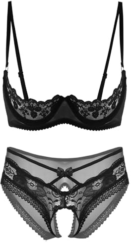 YiZYiF Completo Intimo in Pizzo Donna Lingerie Babydoll Prospettiva Set di Biancheria Intima con Perle Composto da Reggiseno Aperto Perizoma Slip con Reggicalze Underwear Nero AQ XL