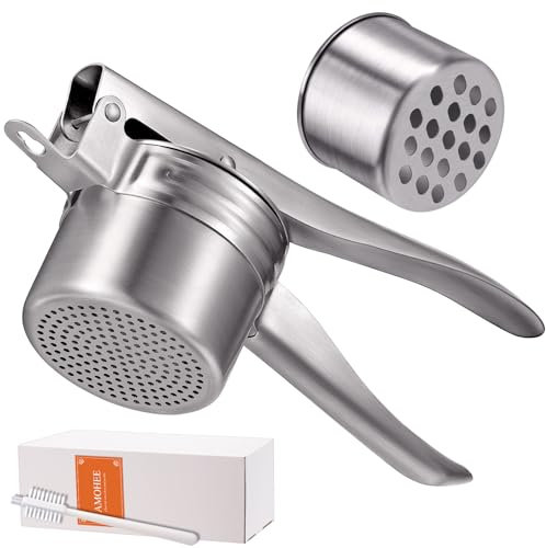 Kartoffelpresse AMOHEE Upgraded Edelstahl Kartoffelstampfer mit 2 austauschbaren Bechern Heavy Duty Food Stampfer und Ricer Küchenwerkzeug Presse und Mash Küchenhelfer für Obst, Blumenkohl, Kürbis