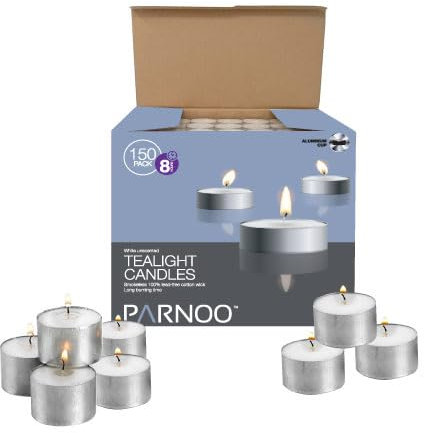 Tealight Candles in Metal Cups - Clean White Unscented Tealight Candles with 8 Hour Long Burning Time - Votive Candles Bulk for Romantic Dinner, Weddings, Spa & Hotels by PARNOO (Classic, 150, Count)