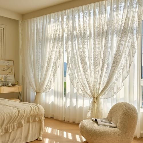 Bishilin Gardinen mit Ösen Lichtdurchlässig 137x160CM, Vorhänge 2er Set Weiß Spitze mit Blumen Motiv Outdoor Gardinen und Vorhänge Wohnzimmer Pavillon Küche