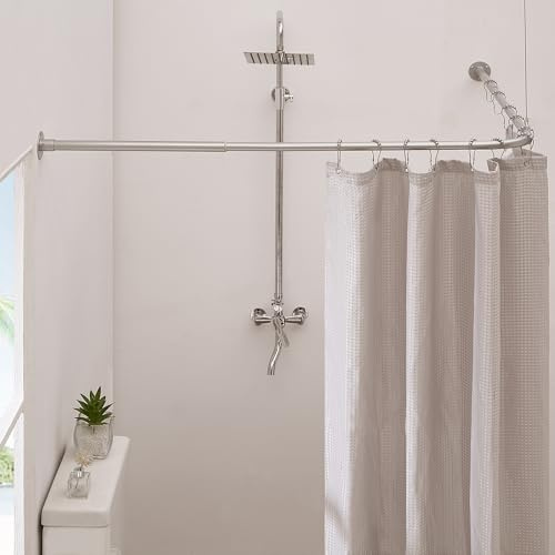Crkmire Corner Shower Curtain Rod, Silver Gray [39-69] x [55-85] Adjustable L Shaped Shower Rod No-Sagging 90 Degree Curved Curtain Rod for Bathroom Bathtub with 12 Ring Hooks & Ceiling Support