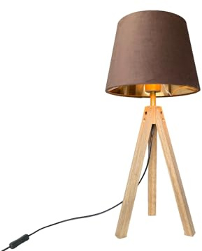 meineWunschleuchte Große Tischlampe Dreibein aus Holz & Schirm Braun-Gold | Höhe 55cm, E27, mit Schnurschalter, gemütliche Nachttischlampe, skandinavisches Design, Lampenschirm aus Samt