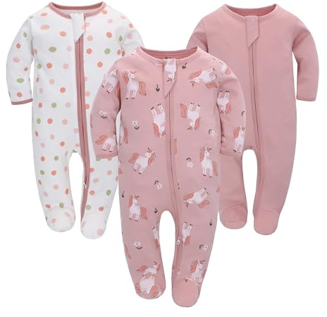 Nyfödd baby pojkar flickor sparkbyxor med fot baby pyjamas en del långa ärmar overall spädbarn vår höst body, 3-pack, ROSA, 3-6 månader