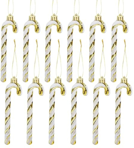 12 Stück Weihnachtsbaumschmuck Weiß Gold 14cm Weihnachtsbaumschmuck Christbaumschmuck Zuckerstangen Deko Klein für Dekorieren von Girlanden und Weihnachtsbäumen zu Weihnachten